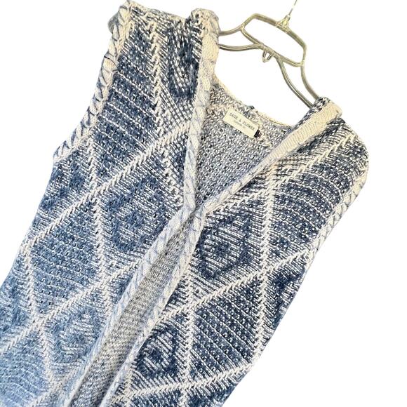 Sage & Flower Long Cardigan Womens Blue White Hooded Geometric Slit Sleeveless - Picture 1 of 5